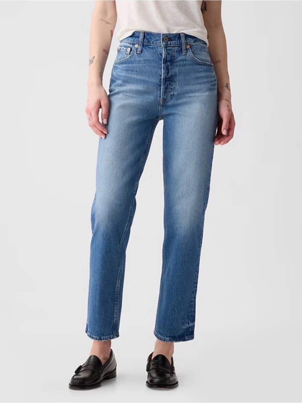 GAP High Rise Cheeky Straight Medium Wash Indigo Blue Button Fly Jeans Sz 29/8R